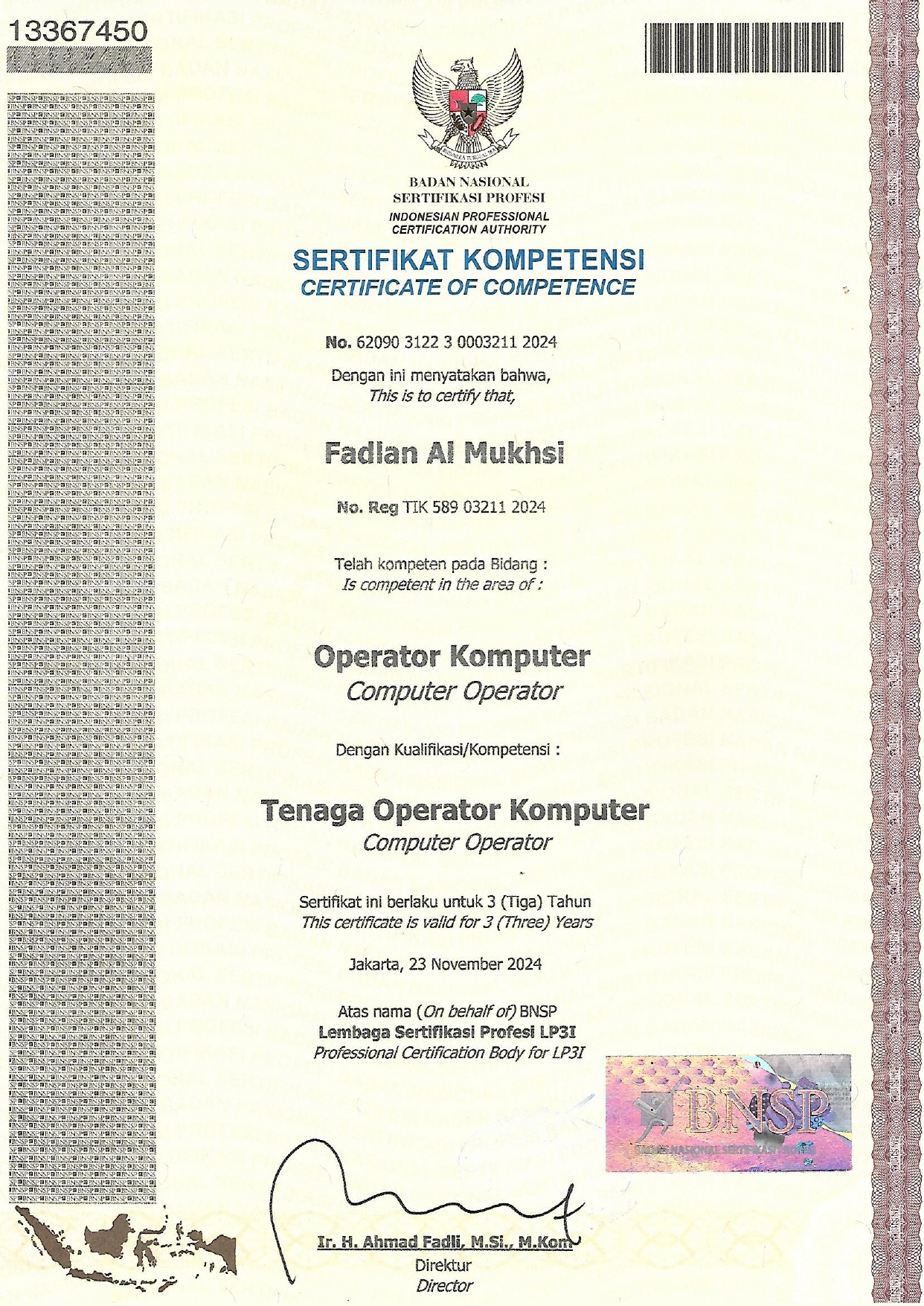Sertifikat Kompetensi Tenaga Operator Komputer BNSP